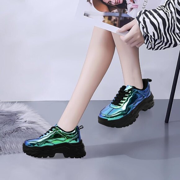 Niluber Tennis Shoes Women Size (6-8) Blue Hologram KPU Chunky Sneakers . - Picture 7 of 7